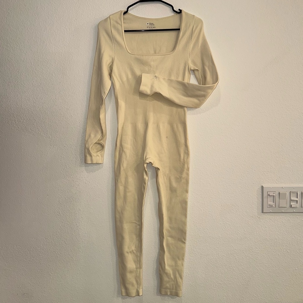 Seamless Ribbed Square Neck Long Sleeve Jumpsuit Bodycon Stretch Medium